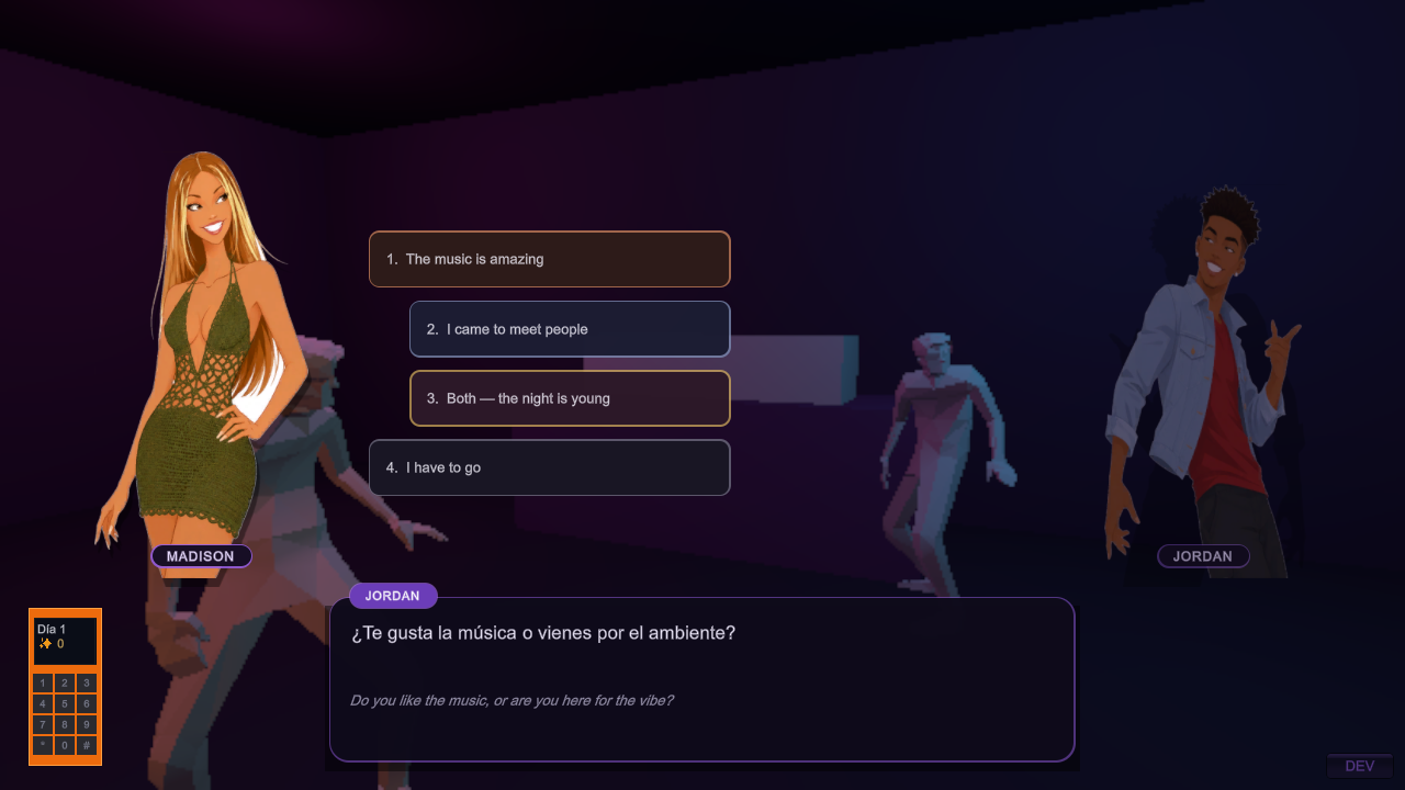 Four possible replies offered in English, with Jordan's Spanish question still on screen
